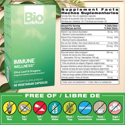 Bio Nutrition Immune Wellness Supplement — 60 Vegetarian Capsules | Olive Leaf & Oregano