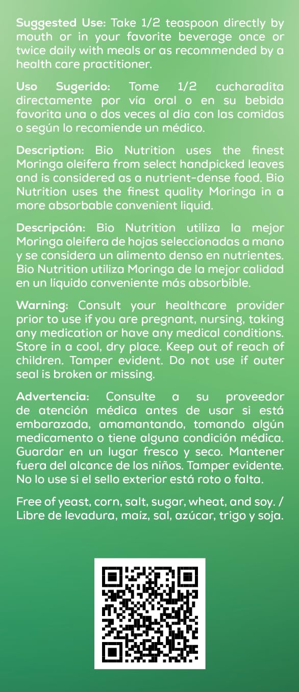 Bio Nutrition Moringa Liquid Supplement 4 fl oz | Antioxidants, Quercetin & Immune Support