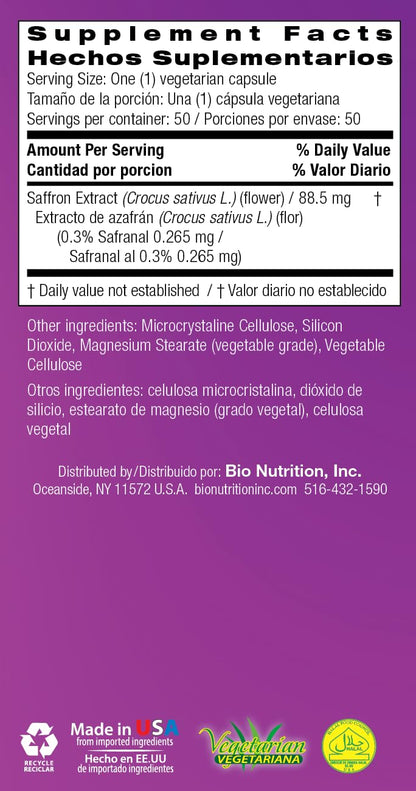 Bio Nutrition Standardized Saffron Vegi-Caps – 50 Count