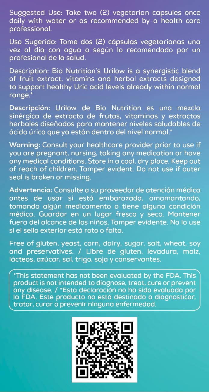 Bio Nutrition Urilow 60 Vegetarian Capsules | Urinary Health & Uric Acid Balance