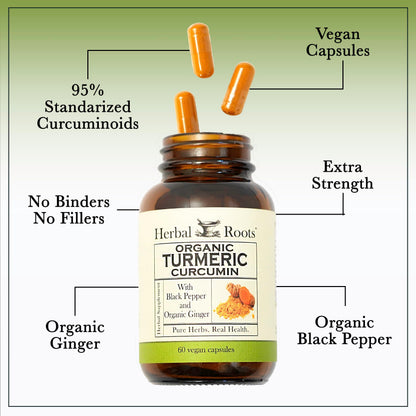Herbal Roots - Turmeric Curcumin Capsules - Extra Strength - 1000mg Pure Organic Turmeric Supplement, 95% Standardized Curcumin Extract with BioPerine Pepper and Ginger