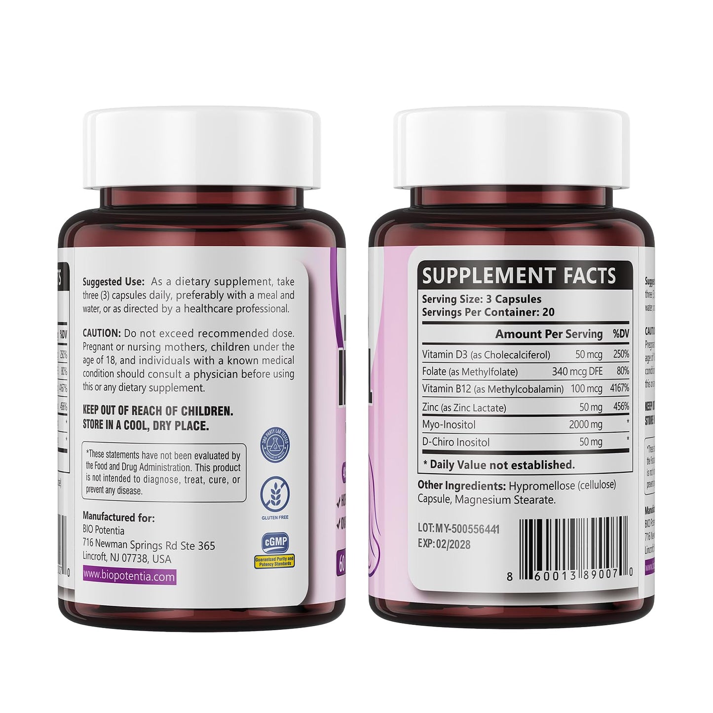 BIO POTENTIA Myo-Inositol & D-Chiro Inositol Capsules – 40:1, 2000/50mg, Non-GMO | 60 Capsules