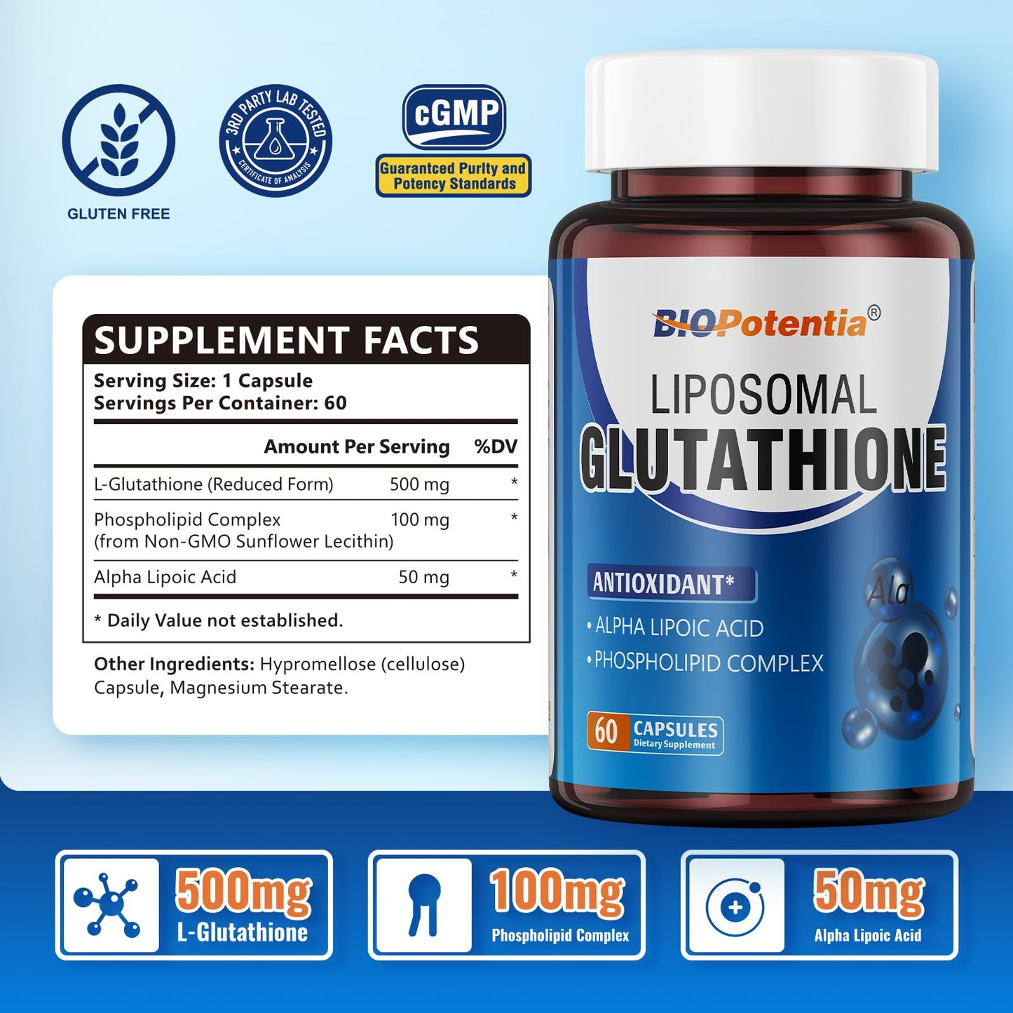 BIO POTENTIA Liposomal Glutathione 500mg + Alpha Lipoic Acid – Antioxidant, Liver & Skin Health (60 Capsules) | Non-GMO & Gluten-Free