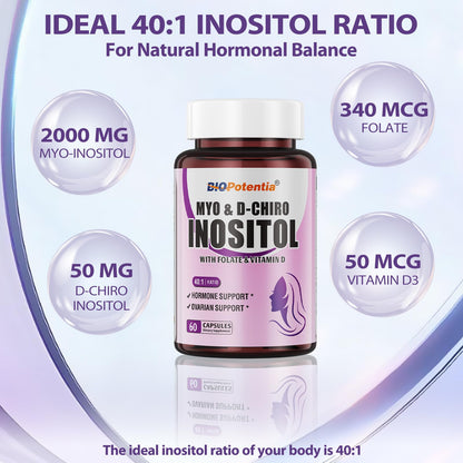 BIO POTENTIA Myo-Inositol & D-Chiro Inositol Capsules – 40:1, 2000/50mg, Non-GMO | 60 Capsules