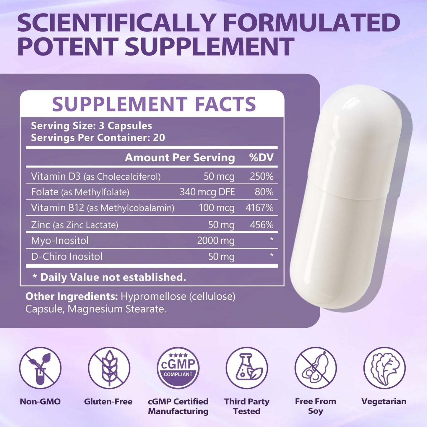 BIO POTENTIA Myo-Inositol & D-Chiro Inositol Capsules – 40:1, 2000/50mg, Non-GMO | 60 Capsules