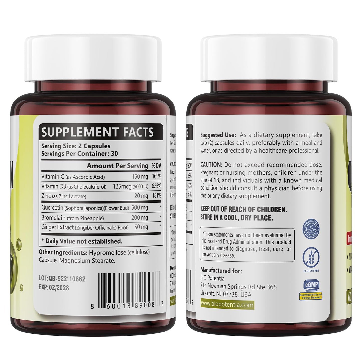 BIO POTENTIA Quercetin with Bromelain 500mg - Immune Support, Vitamin C & D3, 60 Capsules