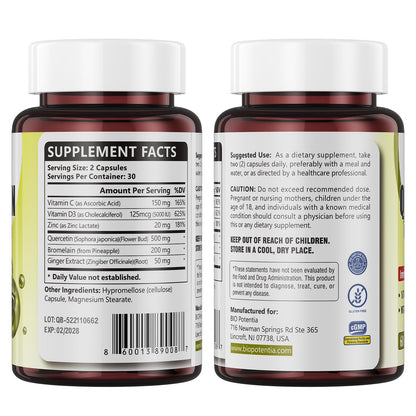 BIO POTENTIA Quercetin with Bromelain 500mg - Immune Support, Vitamin C & D3, 60 Capsules