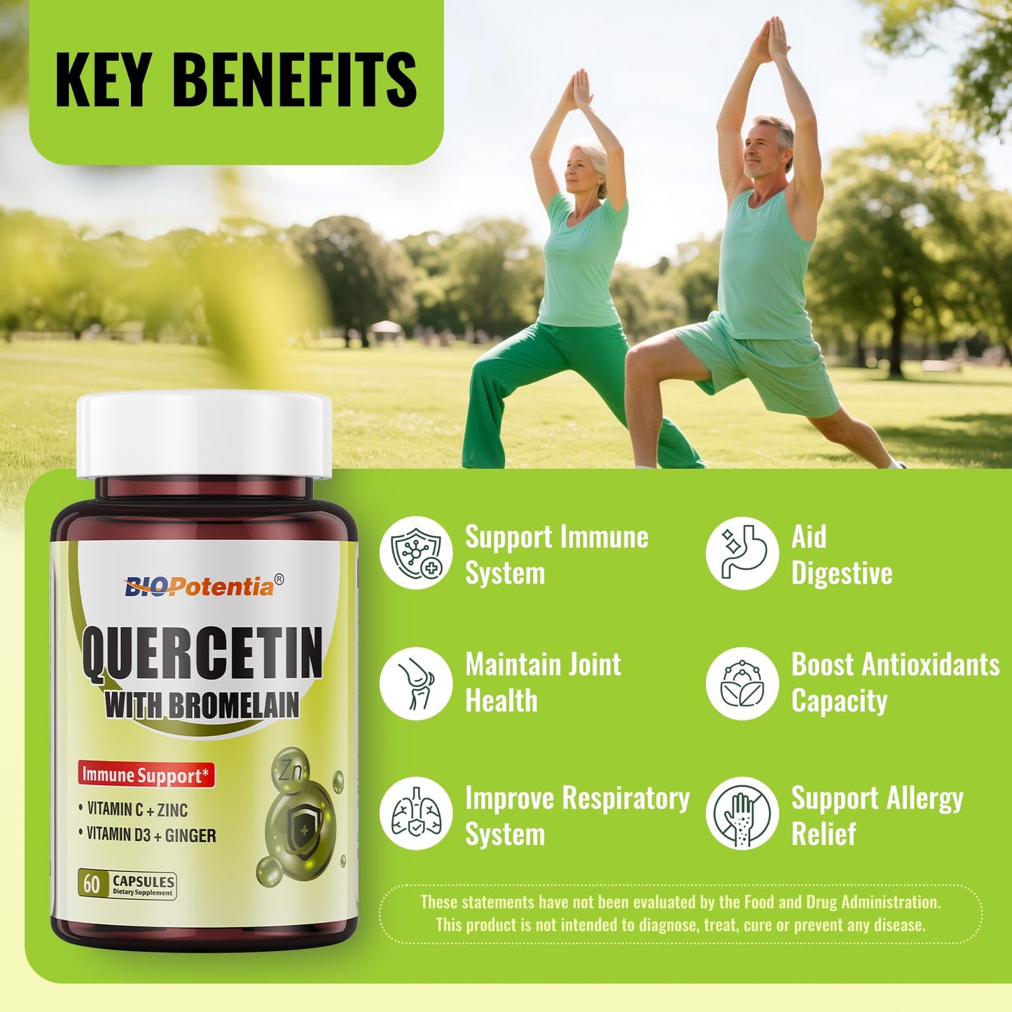 BIO POTENTIA Quercetin with Bromelain 500mg - Immune Support, Vitamin C & D3, 60 Capsules