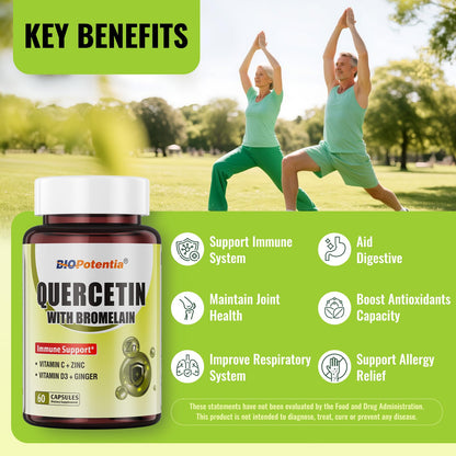 BIO POTENTIA Quercetin with Bromelain 500mg - Immune Support, Vitamin C & D3, 60 Capsules