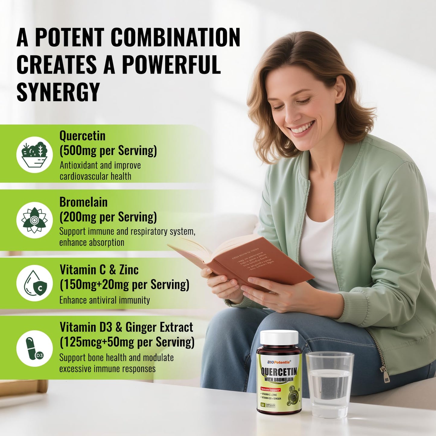 BIO POTENTIA Quercetin with Bromelain 500mg - Immune Support, Vitamin C & D3, 60 Capsules