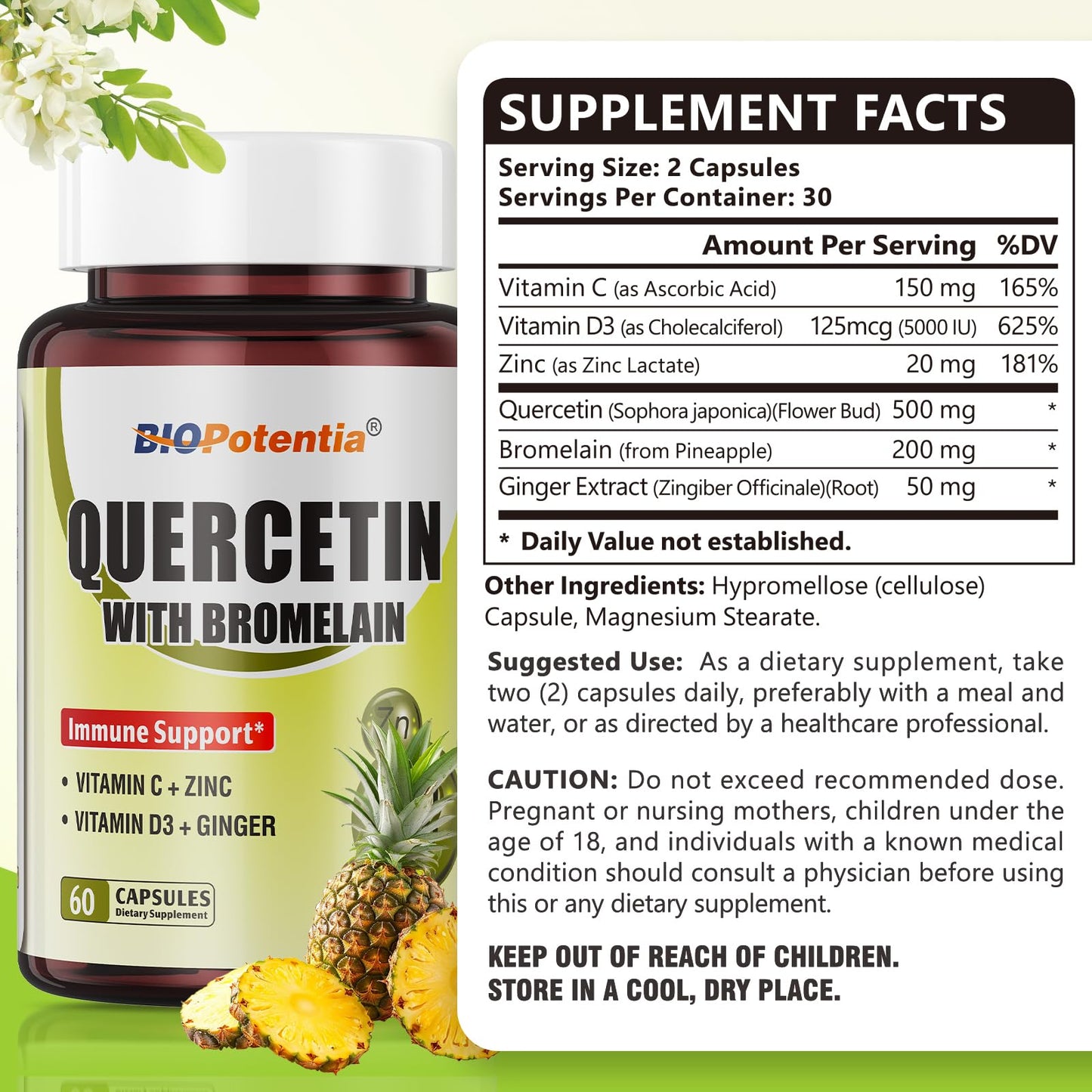 BIO POTENTIA Quercetin with Bromelain 500mg - Immune Support, Vitamin C & D3, 60 Capsules