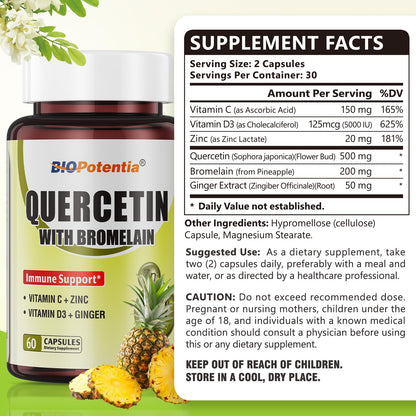 BIO POTENTIA Quercetin with Bromelain 500mg - Immune Support, Vitamin C & D3, 60 Capsules