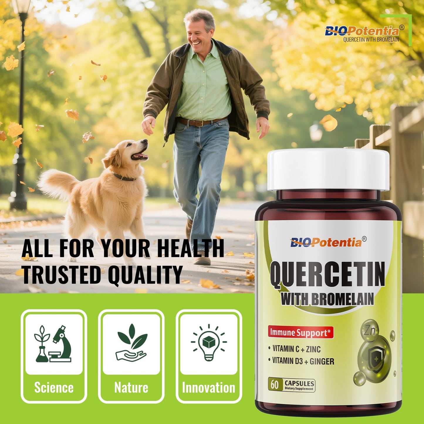 BIO POTENTIA Quercetin with Bromelain 500mg - Immune Support, Vitamin C & D3, 60 Capsules