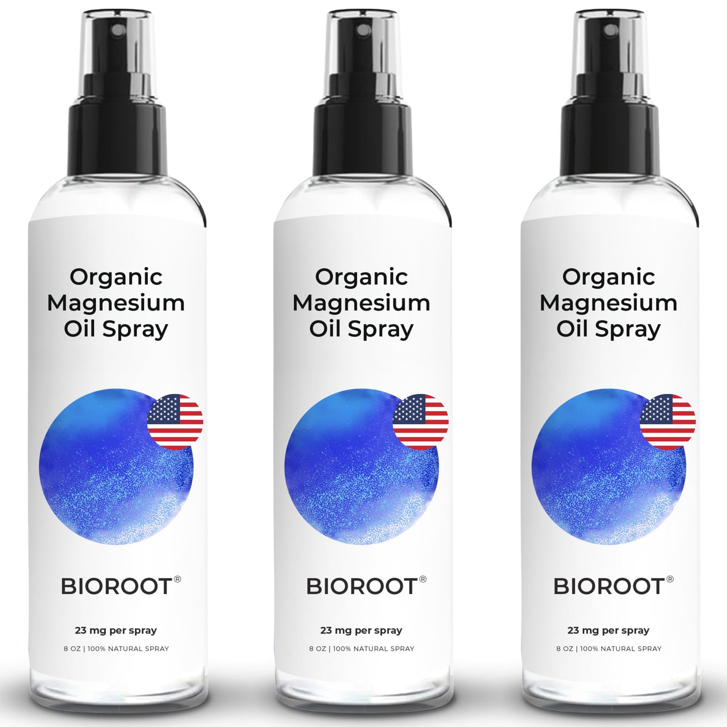 BioRoot Organic Magnesium Spray 8oz (3-Pack) – Pure Magnesium Oil, Fast-Absorbing, For Feet & Body | USP Grade