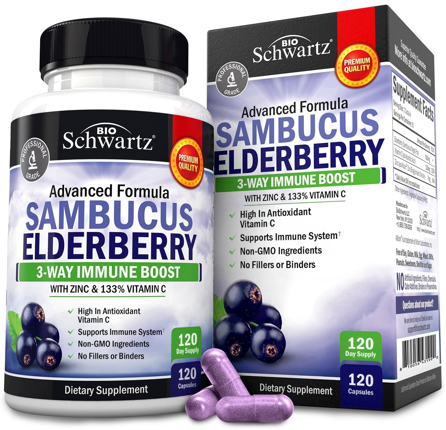 BioSchwartz Elderberry Capsules with Zinc & Vitamin C – Immune Support for Adults (120 Count)