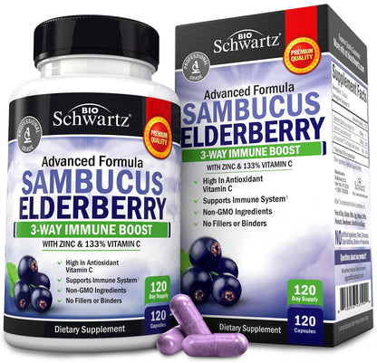 BioSchwartz Elderberry Capsules with Zinc & Vitamin C – Immune Support for Adults (120 Count)