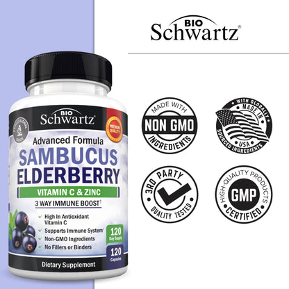 BioSchwartz Elderberry Capsules with Zinc & Vitamin C – Immune Support for Adults (120 Count)