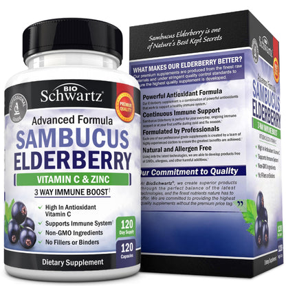 BioSchwartz Elderberry Capsules with Zinc & Vitamin C – Immune Support for Adults (120 Count)