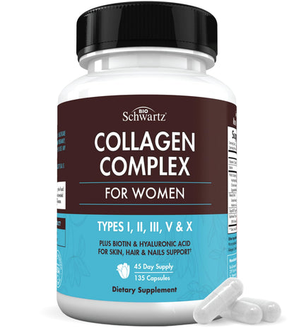 BioSchwartz Hydrolyzed Collagen Peptide Capsules – Multi-Collagen for Skin, Hair & Nails (Types I, II, III, V, X) with Vitamin C, Biotin, Keratin & Hyaluronic Acid – 135ct