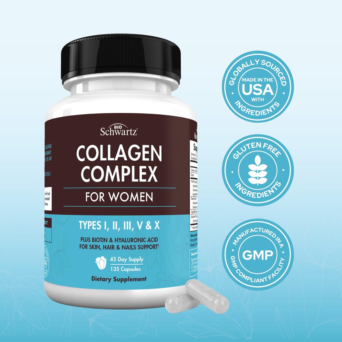 BioSchwartz Hydrolyzed Collagen Peptide Capsules – Multi-Collagen for Skin, Hair & Nails (Types I, II, III, V, X) with Vitamin C, Biotin, Keratin & Hyaluronic Acid – 135ct