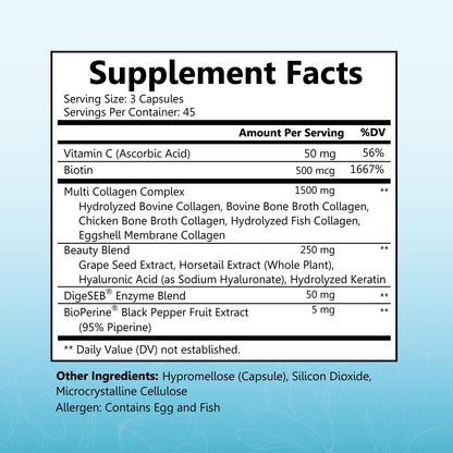 BioSchwartz Hydrolyzed Collagen Peptide Capsules – Multi-Collagen for Skin, Hair & Nails (Types I, II, III, V, X) with Vitamin C, Biotin, Keratin & Hyaluronic Acid – 135ct