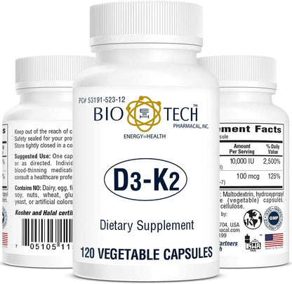 Bio-Tech D3-K2 120 Vegcaps – Vegan Vitamin D3 & K2 for Bone Health