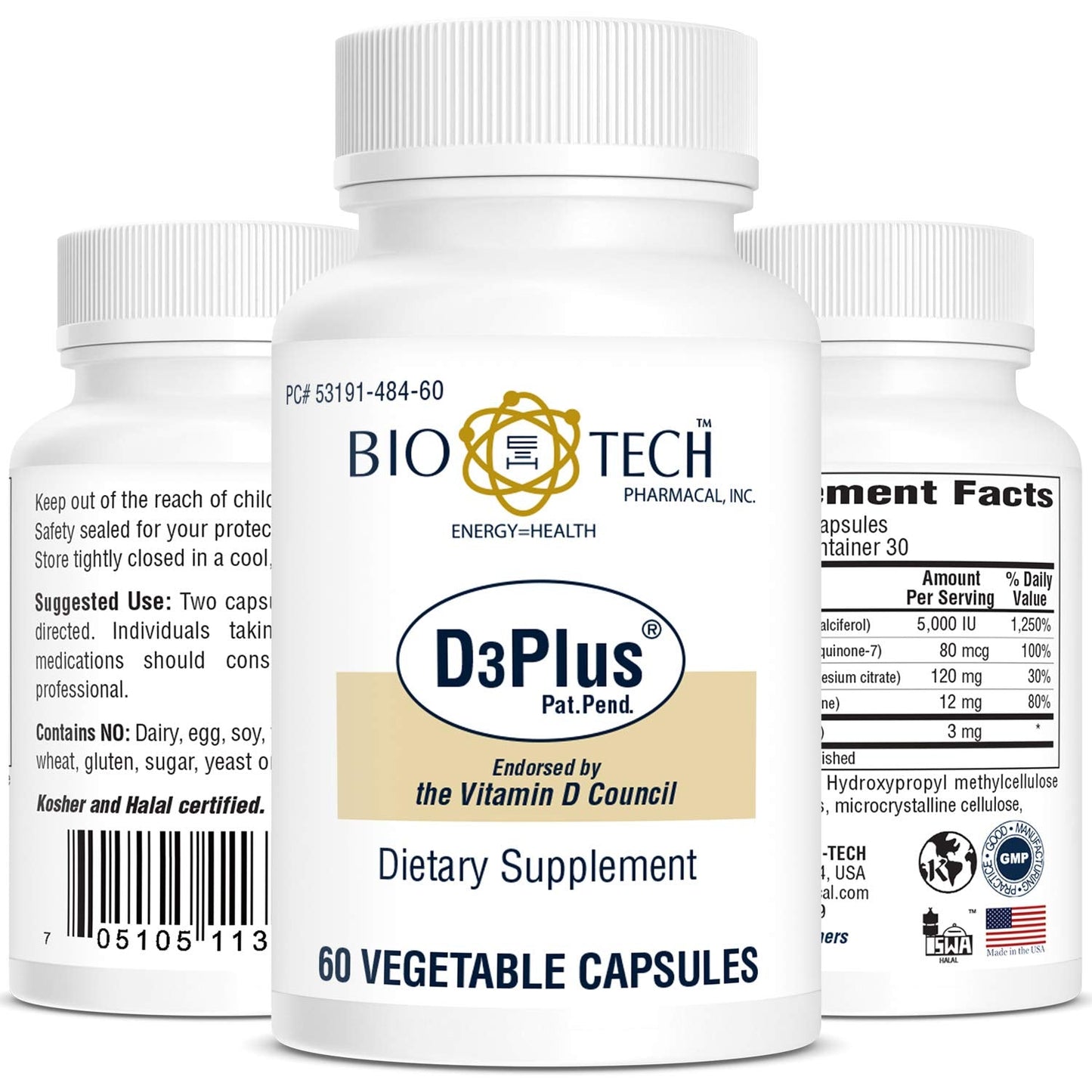 Bio-Tech Pharmacal D3 Plus (60 Count) - Vitamin D3 with K2, Magnesium and Zinc