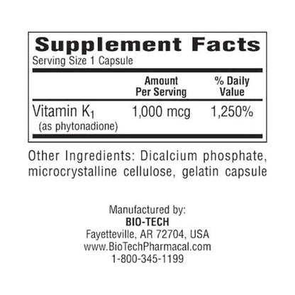 Bio-Tech K1-1000 Vitamin K1 1000 mcg - 100 Capsules | Supports Bone & Heart Health