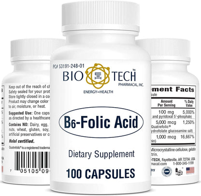 Bio-Tech Pharmacal B6-Folic Acid 100 Capsules | All-Natural Supplement | Supports Cardiovascular, Bone & Nervous System Health | No Dairy, Fish, Gluten, Peanut, Shellfish, Halal, & Soy