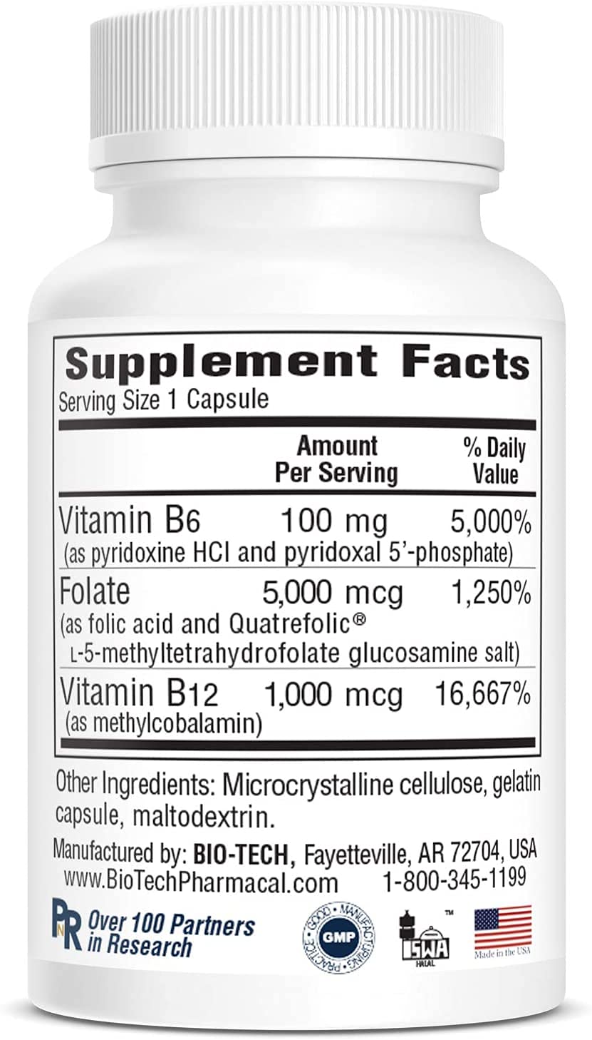 Bio-Tech Pharmacal B6-Folic Acid 100 Capsules | All-Natural Supplement | Supports Cardiovascular, Bone & Nervous System Health | No Dairy, Fish, Gluten, Peanut, Shellfish, Halal, & Soy