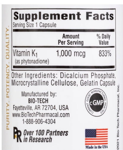 Bio-Tech Pharmacal K1-1000 Vitamin K1 100 Capsules – 3 Pack