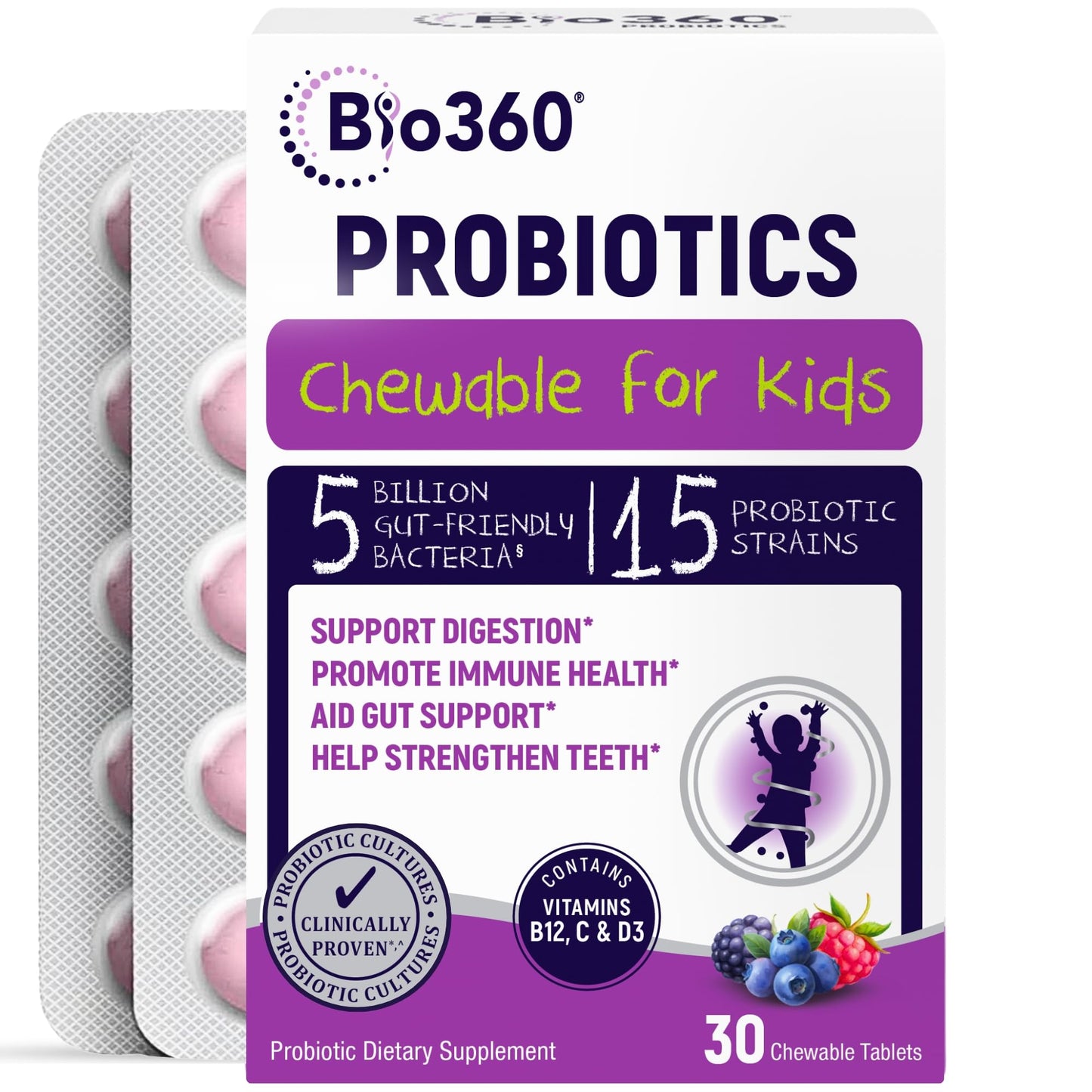 Bio360 Probiotics for Kids – 15 Strains, 5B CFU, Mixed Berry (30 Chews)