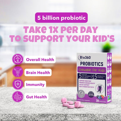 Bio360 Probiotics for Kids – 15 Strains, 5B CFU, Mixed Berry (30 Chews)