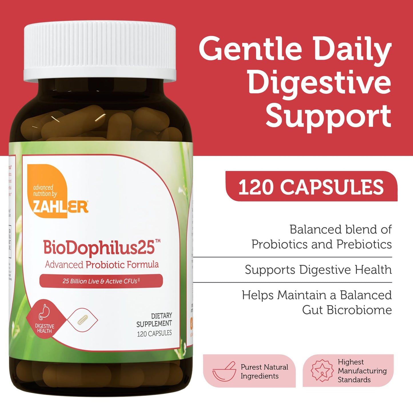 BioDophilus25 Probiotic + Prebiotic - 25 Billion CFU, 11 Strains | Zahler - 120 Capsules
