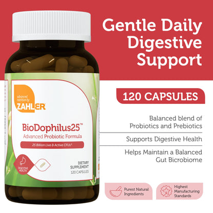 BioDophilus25 Probiotic + Prebiotic - 25 Billion CFU, 11 Strains | Zahler - 120 Capsules