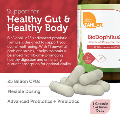 BioDophilus25 Probiotic + Prebiotic - 25 Billion CFU, 11 Strains | Zahler - 120 Capsules