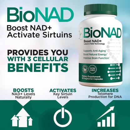 BioNAD NAD+ Natural Energy Booster - Boost NAD+, Supports Cardiovascular Health - Vegan/Non-GMO
