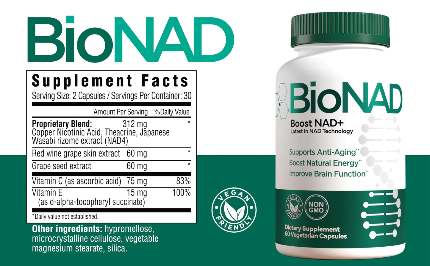 BioNAD NAD+ Natural Energy Booster - Boost NAD+, Supports Cardiovascular Health - Vegan/Non-GMO