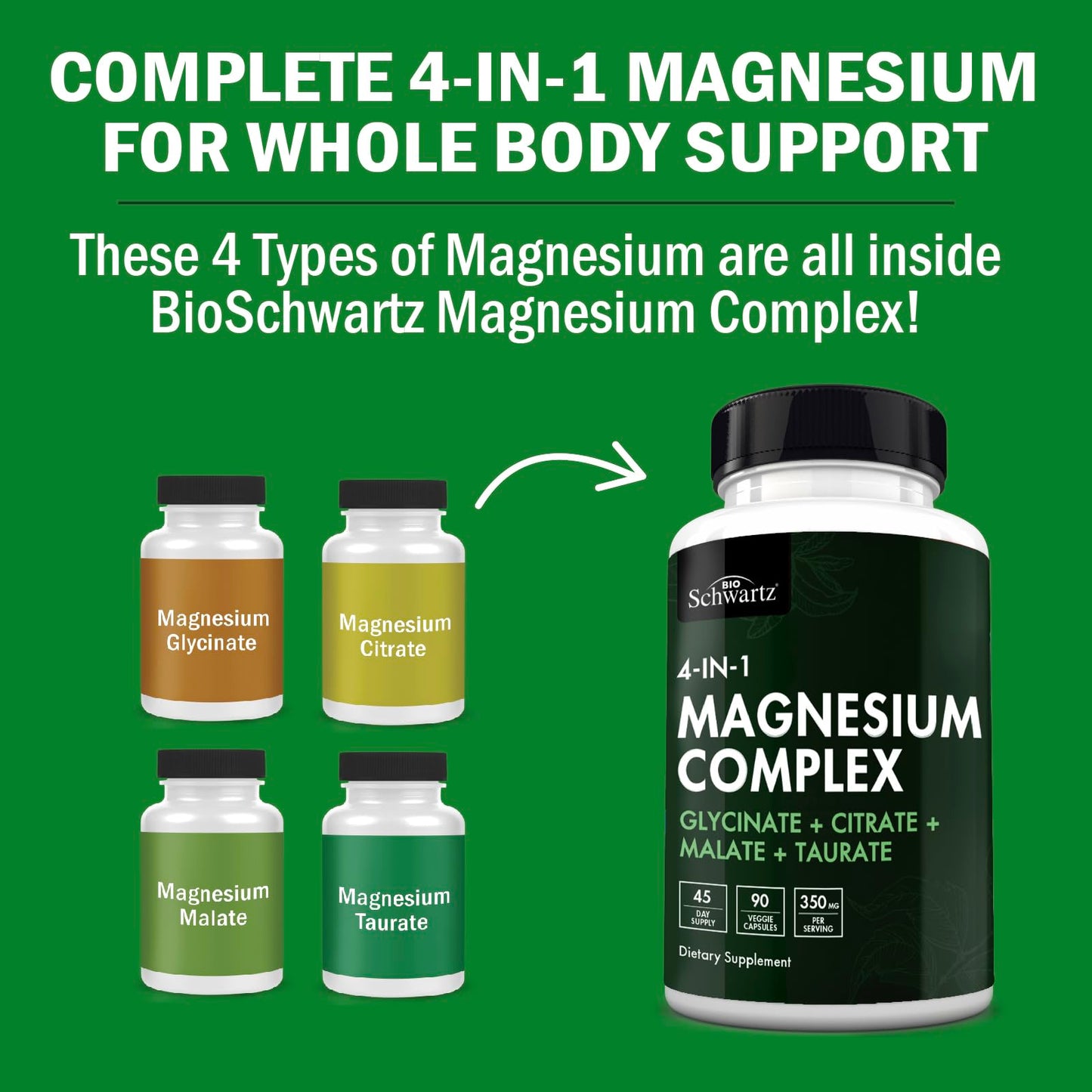 BioSchwartz Magnesium Complex Supplement – 350mg per Serving (90 Capsules) – Vegan, Gluten-Free, Non-GMO