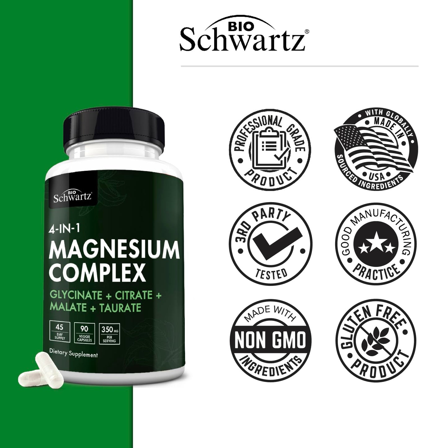 BioSchwartz Magnesium Complex Supplement – 350mg per Serving (90 Capsules) – Vegan, Gluten-Free, Non-GMO