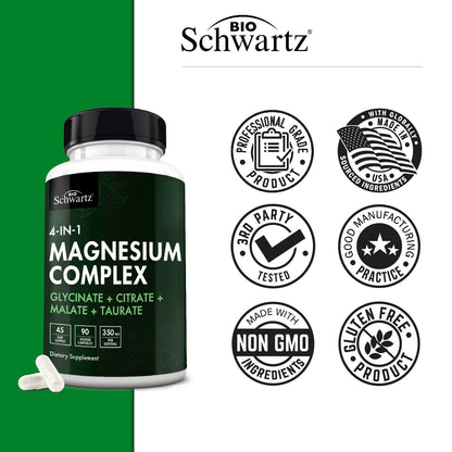 BioSchwartz Magnesium Complex Supplement – 350mg per Serving (90 Capsules) – Vegan, Gluten-Free, Non-GMO