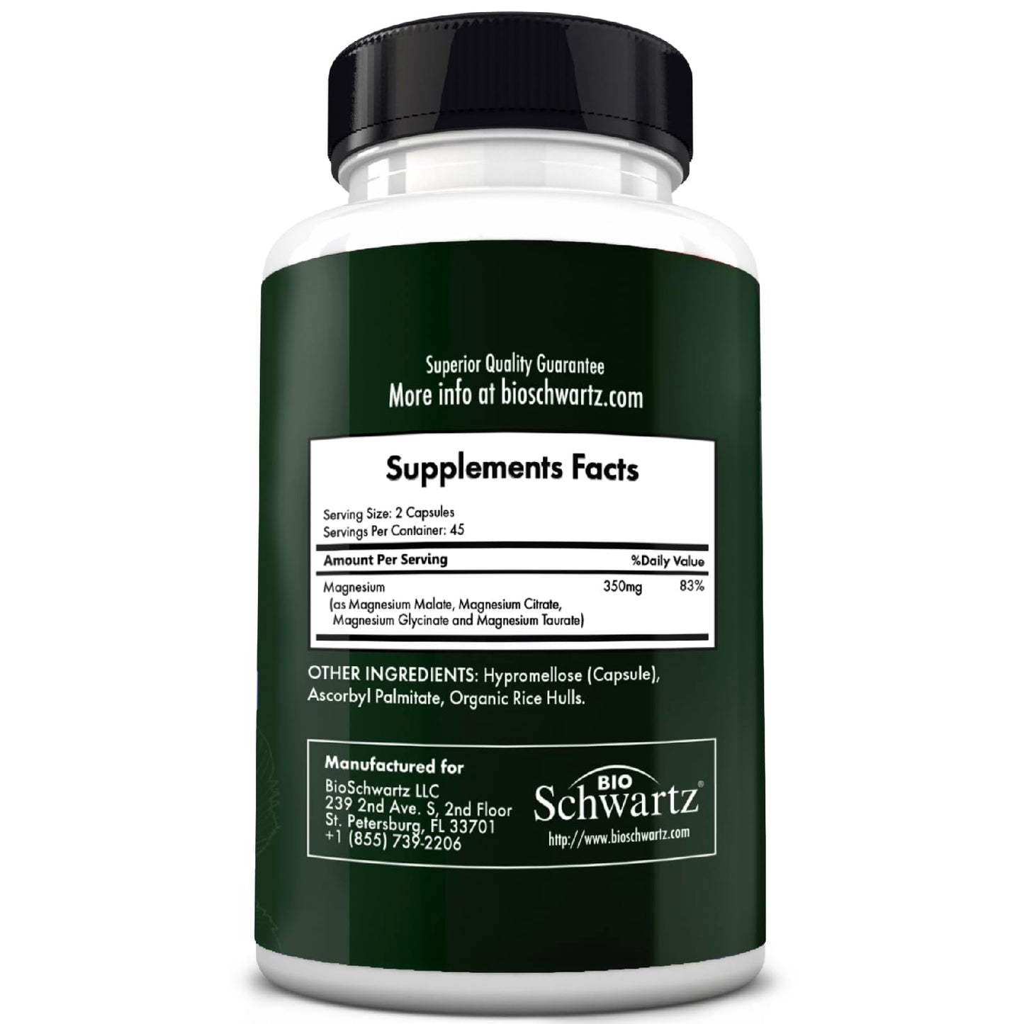 BioSchwartz Magnesium Complex Supplement – 350mg per Serving (90 Capsules) – Vegan, Gluten-Free, Non-GMO