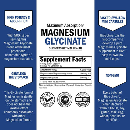 BioSchwartz Magnesium Glycinate 500mg (120 Mini Caps) – Sleep Nerves Muscles Support
