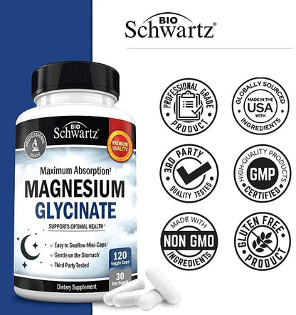 BioSchwartz Magnesium Glycinate 500mg (120 Mini Caps) – Sleep Nerves Muscles Support