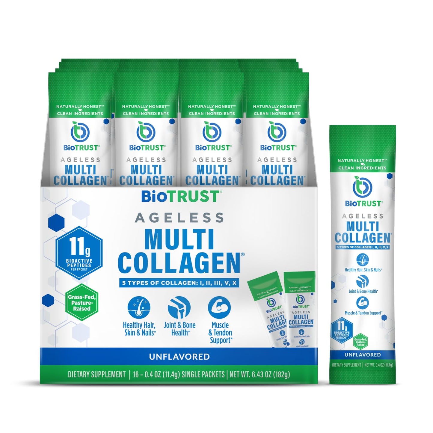 BioTrust Ageless Multi Collagen Peptides Powder – Types I-X, Unflavored, 16 Packets