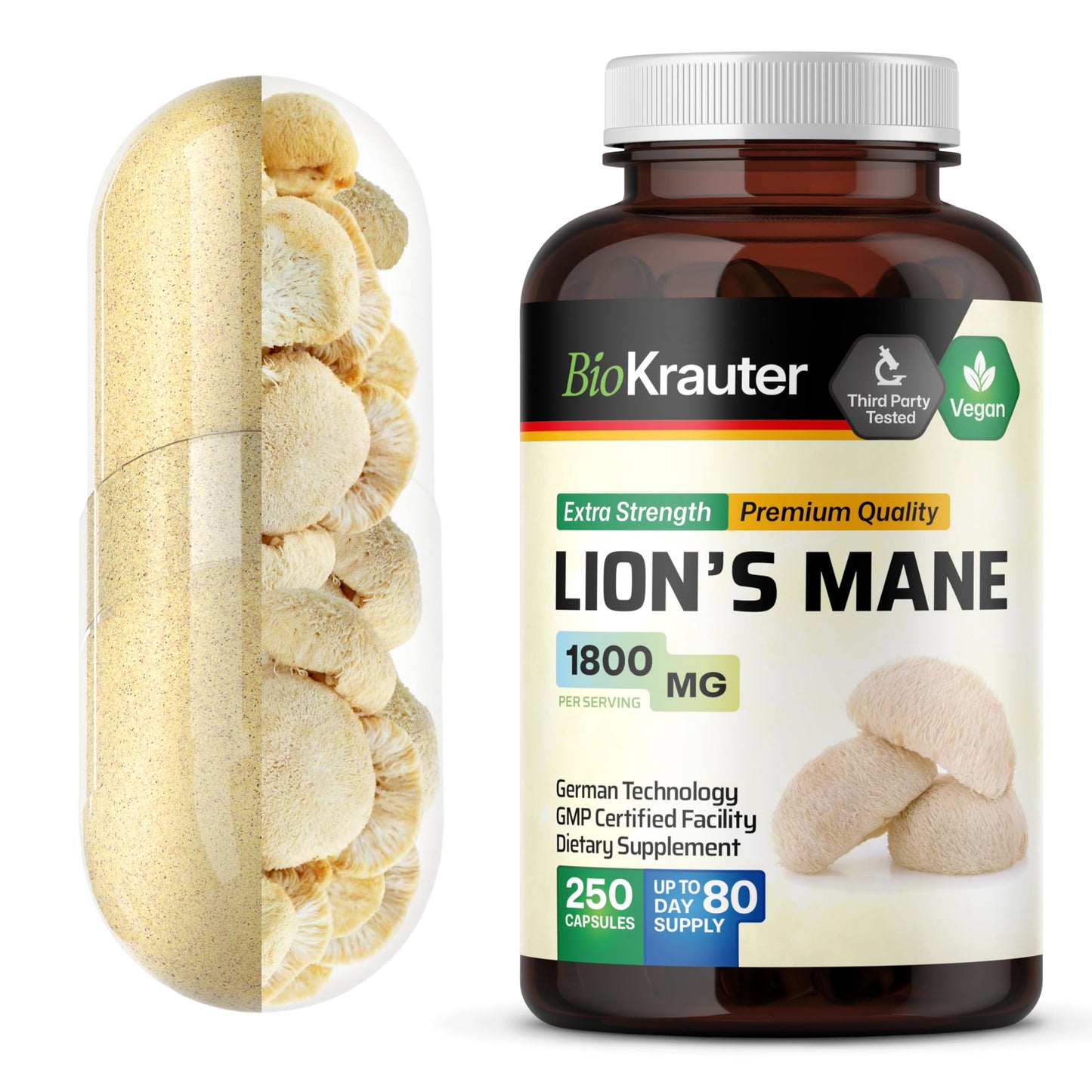 BIO KRAUTER Lions Mane 1800 mg Capsules – 250 Count – Vegan Brain Support