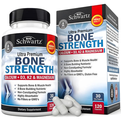 BioSchwartz Bone Strength Supplement - 9-in-1 Calcium Magnesium Zinc D3 K2 | 3rd Party Tested