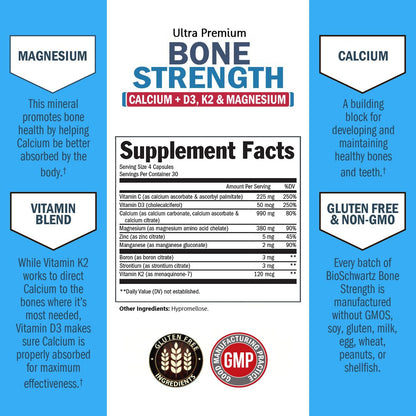 BioSchwartz Bone Strength Supplement - 9-in-1 Calcium Magnesium Zinc D3 K2 | 3rd Party Tested