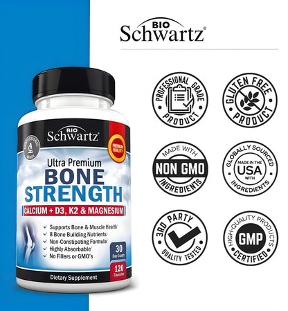 BioSchwartz Bone Strength Supplement - 9-in-1 Calcium Magnesium Zinc D3 K2 | 3rd Party Tested
