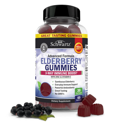 BioSchwartz Elderberry Gummies with Zinc & Vitamin C – Immune Support for Adults & Kids | 60 Count